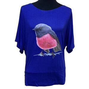 Hand Printed Upcycled Womens Large Watercolor Pink Robin Bird Blouse Tee Shirt